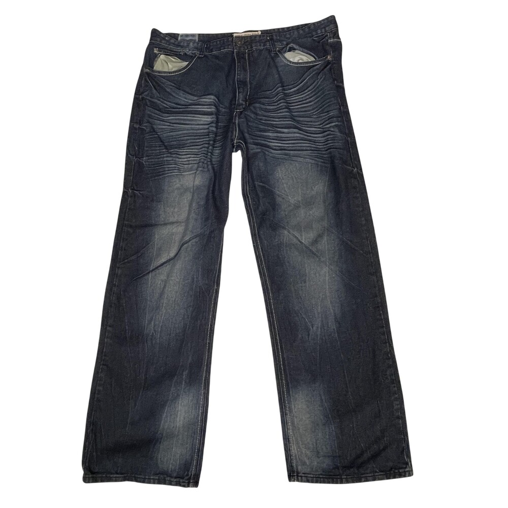 GS115 Jeans Mens 42 Blue Distressed Straight Leg Denim Whiskered Back Pockets